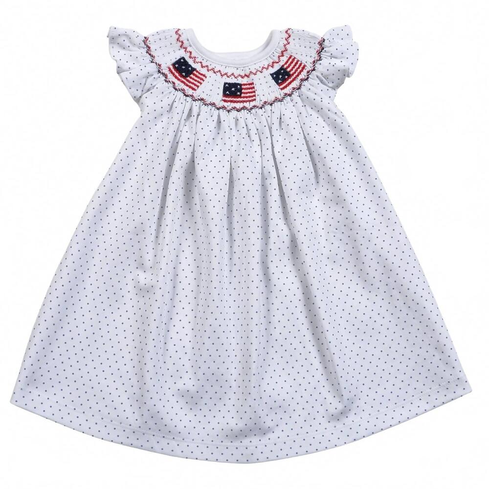 NEW BABY LOREN girl's americana hand smocked pima bishop dress in white multi